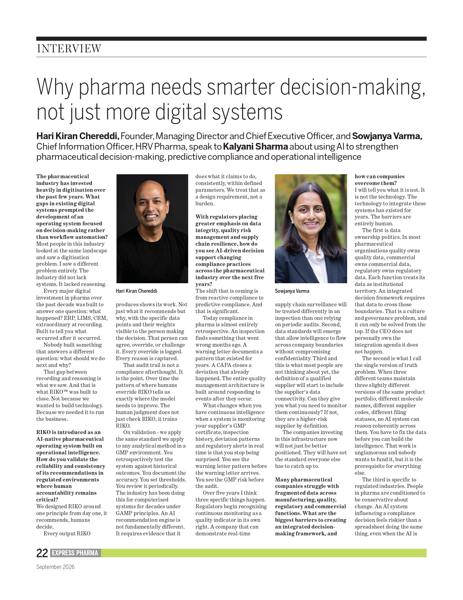 Express Pharma September 2026 interview with Hari Kiran Chereddi and Sowjanya Varma of HRV Pharma